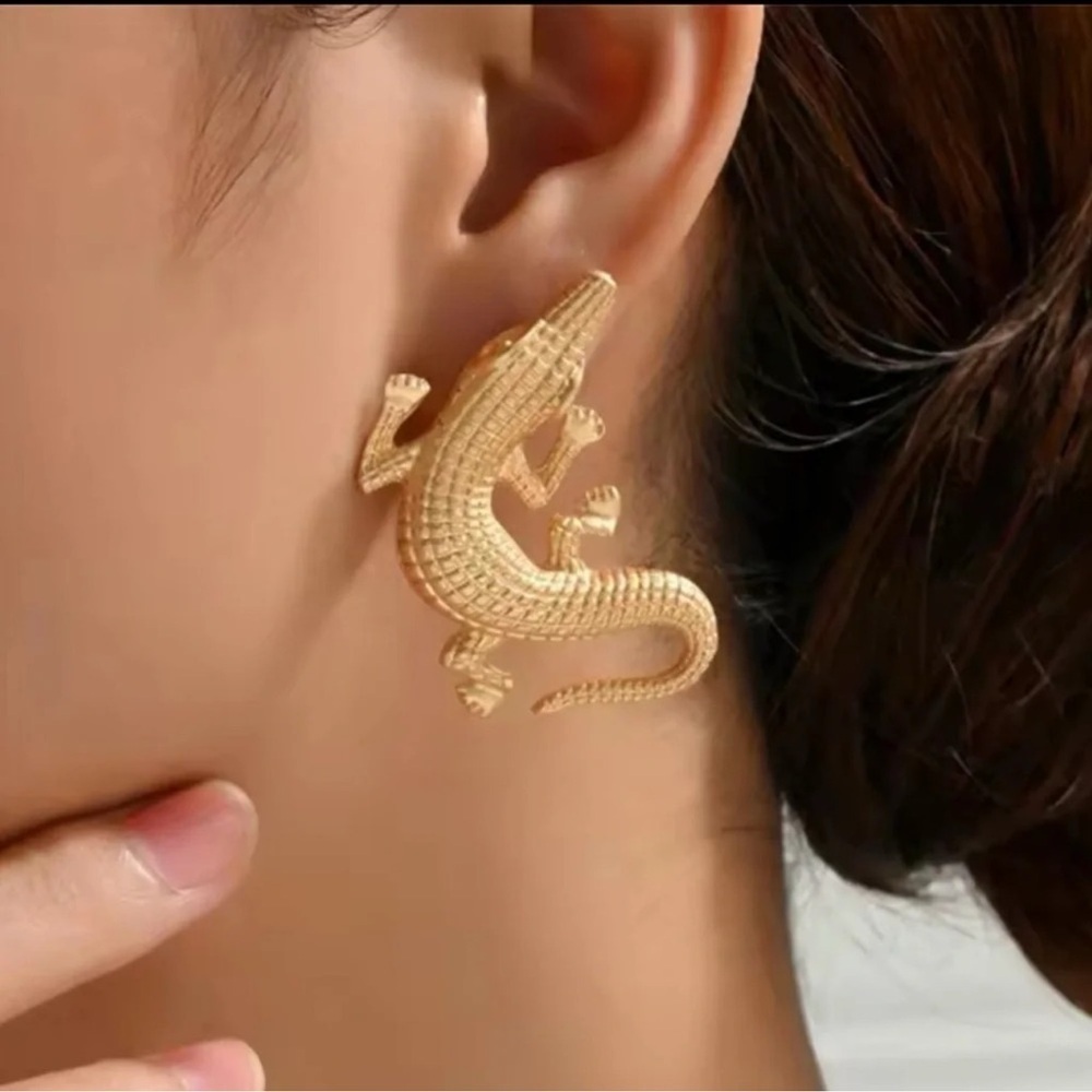 Alligator Gold Textured Statement Earrings - Picture 6 of 15